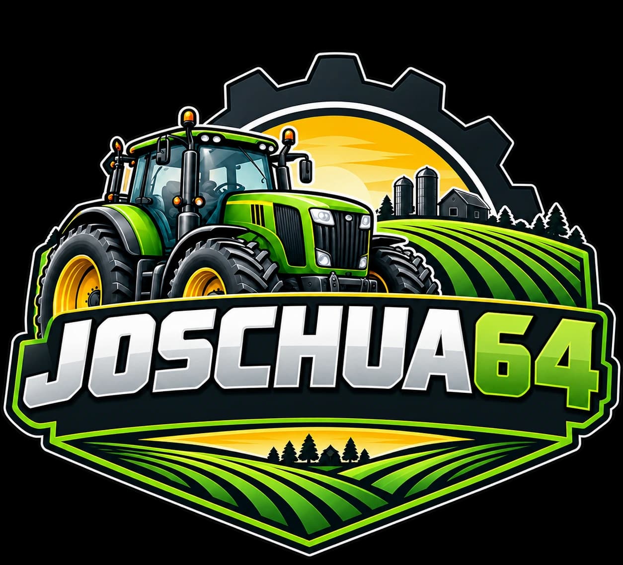 Joschua64 Logo: grüner Traktor vor Zahnrad und Feldern
